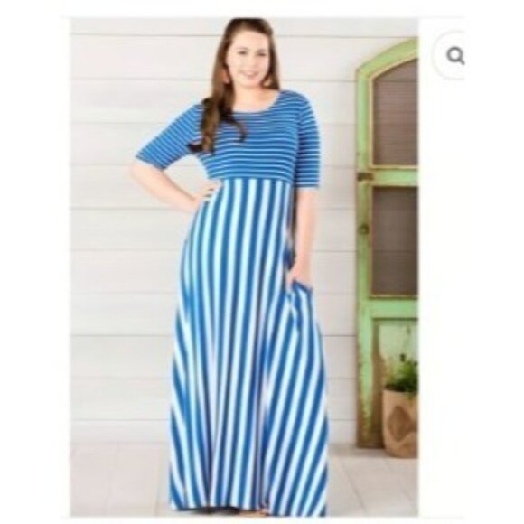 Matilda Jane Road Ahead Maxi dress Blue Striped Short Sleeves pockets knit women - Picture 1 of 6